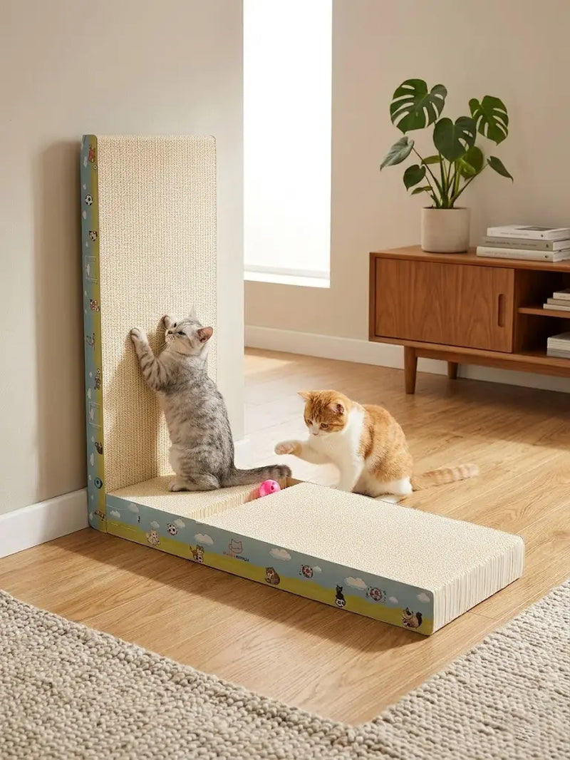 【Dealsforyoudays】Premium L-Shaped Cat Scratcher, Natural Non-Toxic Hardened Plant Fiber Cat Scratching Board Vertical, Sturdy Corrugated Cardboard Furniture Shield with Interactive Toy for Indoor Kitty