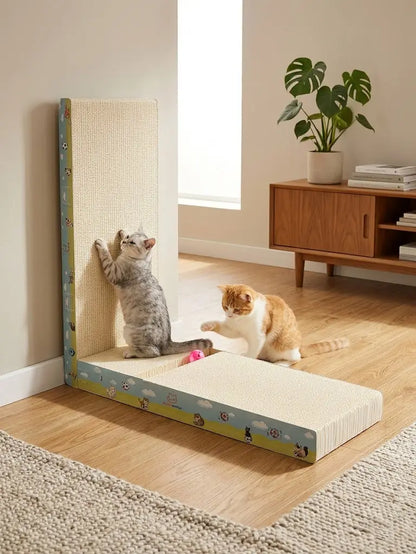 【Dealsforyoudays】Premium L-Shaped Cat Scratcher, Natural Non-Toxic Hardened Plant Fiber Cat Scratching Board Vertical, Sturdy Corrugated Cardboard Furniture Shield with Interactive Toy for Indoor Kitty