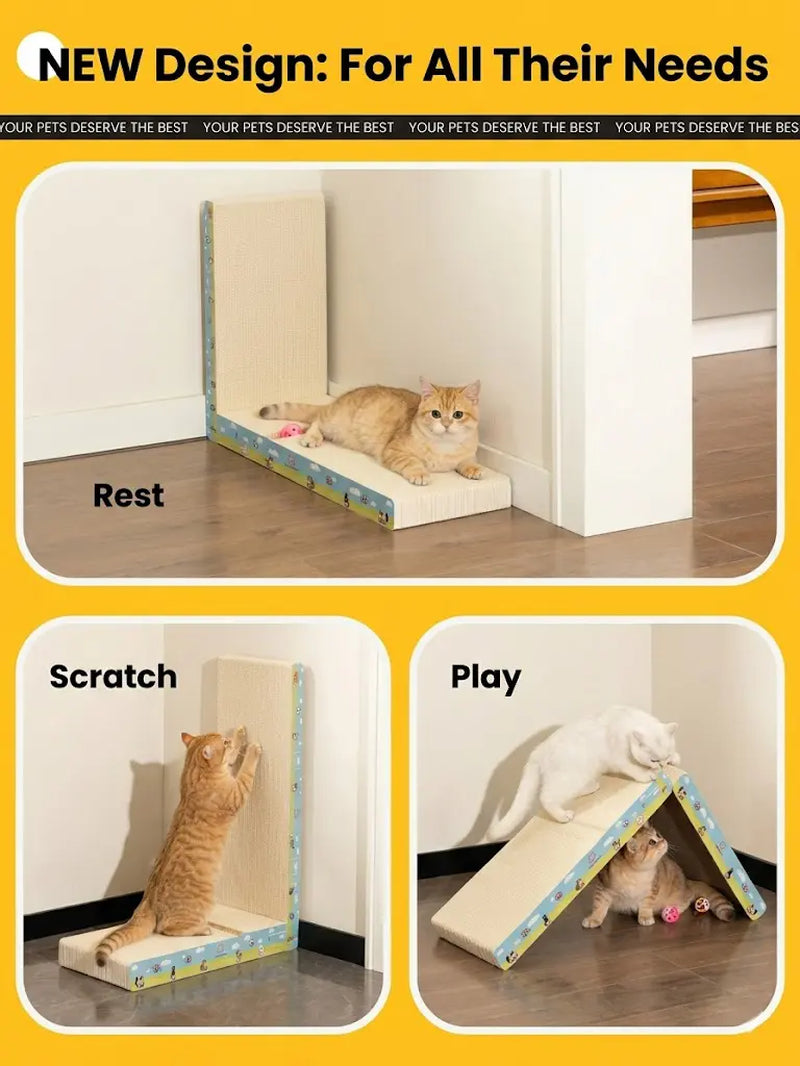 【Dealsforyoudays】Premium L-Shaped Cat Scratcher, Natural Non-Toxic Hardened Plant Fiber Cat Scratching Board Vertical, Sturdy Corrugated Cardboard Furniture Shield with Interactive Toy for Indoor Kitty