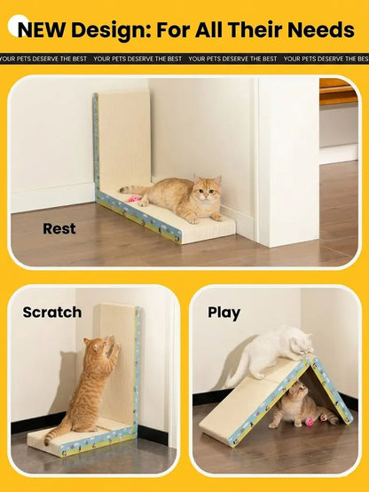 【Dealsforyoudays】Premium L-Shaped Cat Scratcher, Natural Non-Toxic Hardened Plant Fiber Cat Scratching Board Vertical, Sturdy Corrugated Cardboard Furniture Shield with Interactive Toy for Indoor Kitty