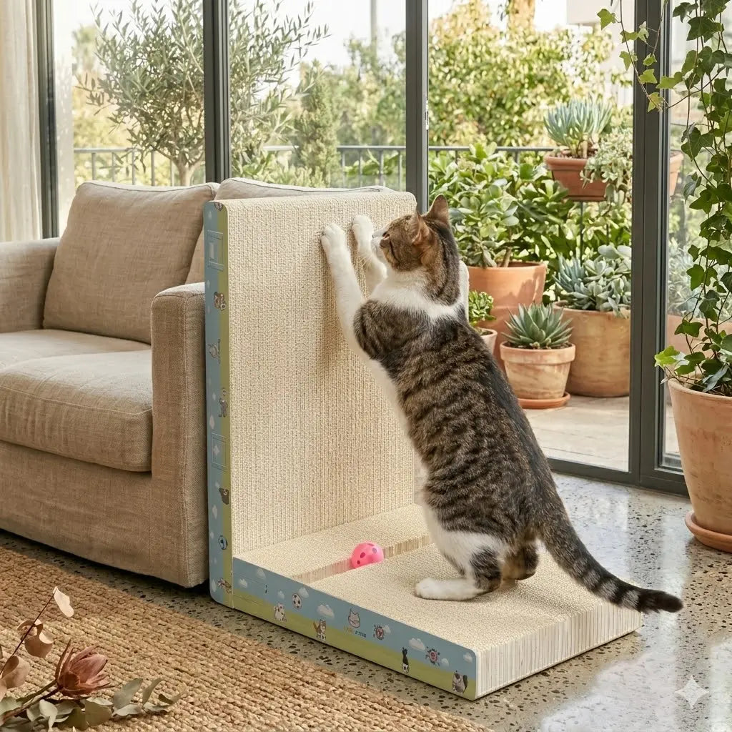 【Dealsforyoudays】Premium L-Shaped Cat Scratcher, Natural Non-Toxic Hardened Plant Fiber Cat Scratching Board Vertical, Sturdy Corrugated Cardboard Furniture Shield with Interactive Toy for Indoor Kitty