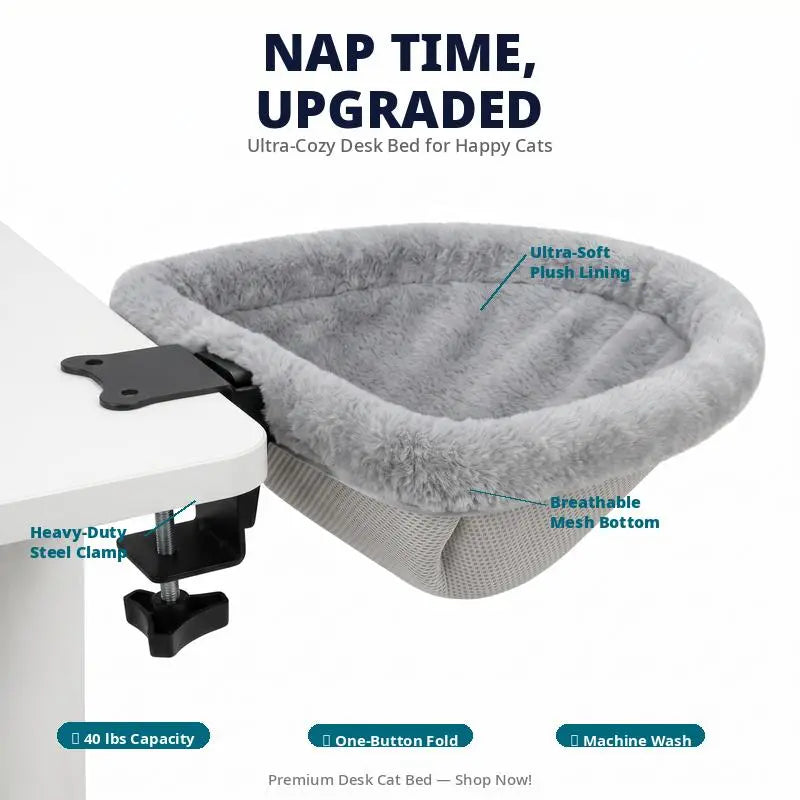 ZERO PET Cat Desk Hammock Bed - Upgraded Clamp, Soft & Sturdy Indoor Cat Nest, Holds Up to 45LBS, Machine Washable
