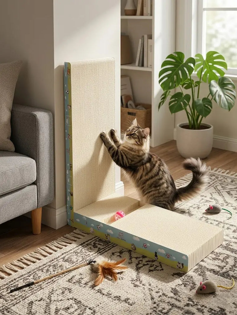 【Dealsforyoudays】Premium L-Shaped Cat Scratcher, Natural Non-Toxic Hardened Plant Fiber Cat Scratching Board Vertical, Sturdy Corrugated Cardboard Furniture Shield with Interactive Toy for Indoor Kitty