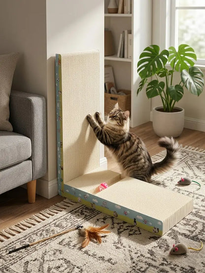 【Dealsforyoudays】Premium L-Shaped Cat Scratcher, Natural Non-Toxic Hardened Plant Fiber Cat Scratching Board Vertical, Sturdy Corrugated Cardboard Furniture Shield with Interactive Toy for Indoor Kitty