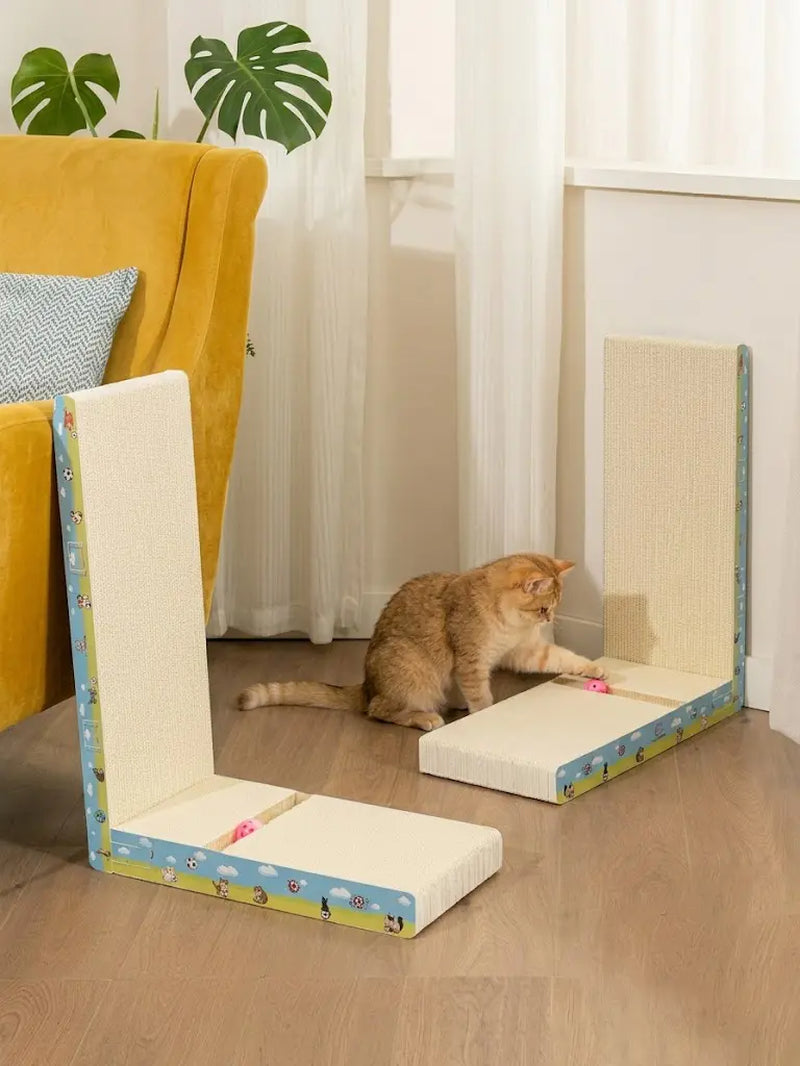 【Dealsforyoudays】Premium L-Shaped Cat Scratcher, Natural Non-Toxic Hardened Plant Fiber Cat Scratching Board Vertical, Sturdy Corrugated Cardboard Furniture Shield with Interactive Toy for Indoor Kitty